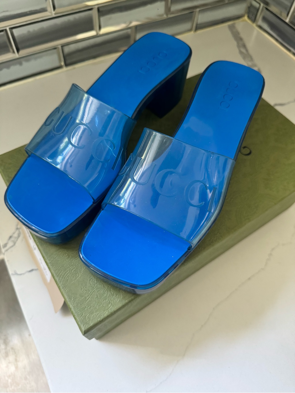 Gucci Blue Clear Strap Block Heel Mules